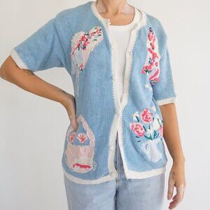 Vintage Robin Sinkler Blue Knit Floral Basket Cotton Vest Embroidered Gardens M